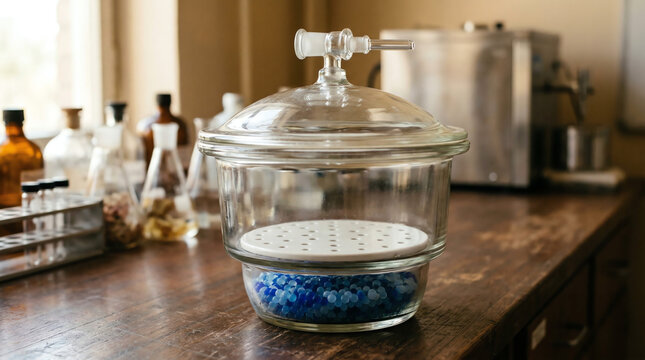 Glass vacuum desiccator with ground-glass lid porcelain plate and silica gel