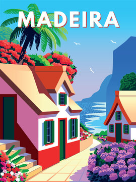 A sunny summer landscape of island Madeira with traditional colorful houses, flowering shrubs and trees, palms and the blue sea in the background. Handmade drawing vector illustration.