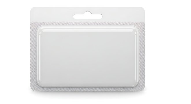 White rectangular blister pack with clear plastic front for product packaging.