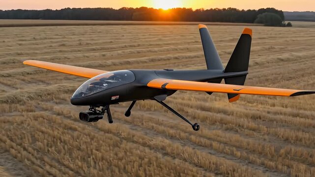 Unmanned aerial vehicle, equipped with advanced camera, flying over vast golden agricultural fields, for precision farming technology, environmental data collection