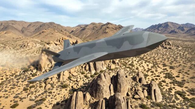 Unmanned stealth aircraft flying low over rocky desert terrain. Panning shot of camouflaged drone navigating mountain valley.