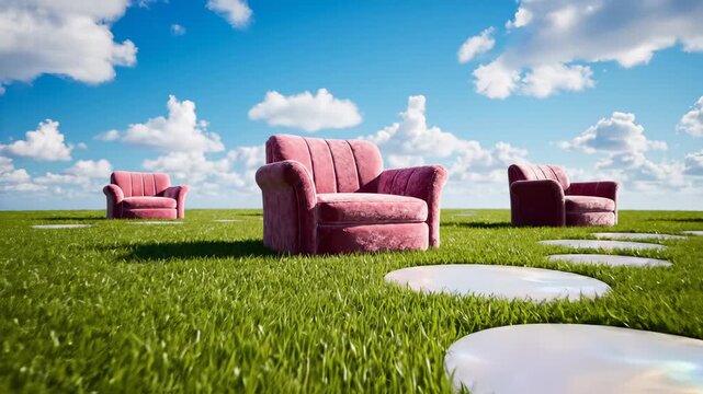 Stylish pink sofas on lush green grass under blue sky. Outdoor seating creates tranquil atmosphere. Perfect for relaxation, gatherings, and home decor inspiration.