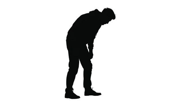 Silhouette of a tired young man bending over with hands resting on his knees isolated on white.