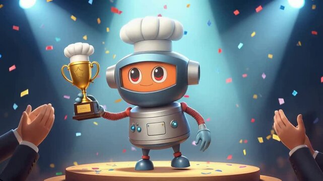 Chef robot holding golden trophy on stage under spotlights. Panning and tilting camera movement.