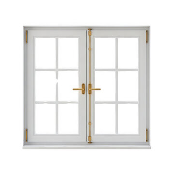 Classic double-hung wooden window with brass handles and central crossbar