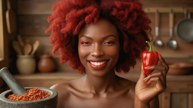 African woman with red afro hair breathing fire after eating spicy chili pepper. Surreal culinary experience in rustic kitchen setting with mortar and pestle. Static medium shot.