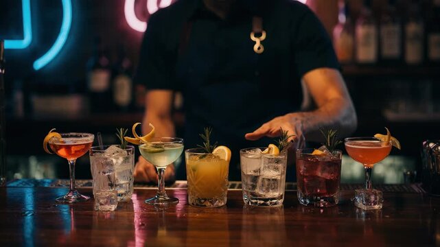 Bartender arranging an assortment of craft cocktails on the bar counter with neon lights softly glowing in the distance.