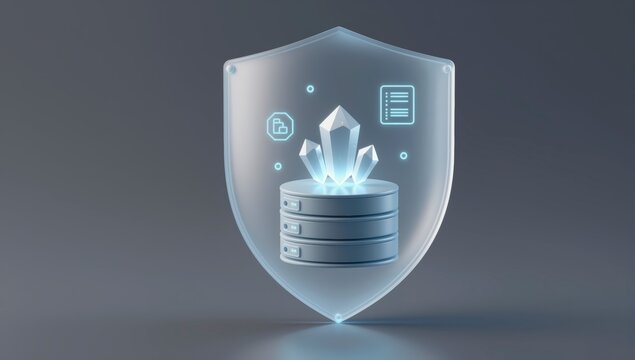 Data server tower protected by a glowing glass shield icon representing cybersecurity and information safety in a professional digital infrastructure environment