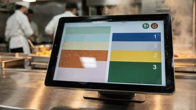 Closeup medium shot of a digital menu screen on a buffet counter highlighting dish names and allergens prominently kitchen activity softly blurred behind.