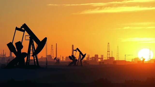 The Oil Pumpjacks Silhouetted Against a Golden Sunset Over Expansive Industrial Landscape. fuel crisis, tense global situation, oil embargo