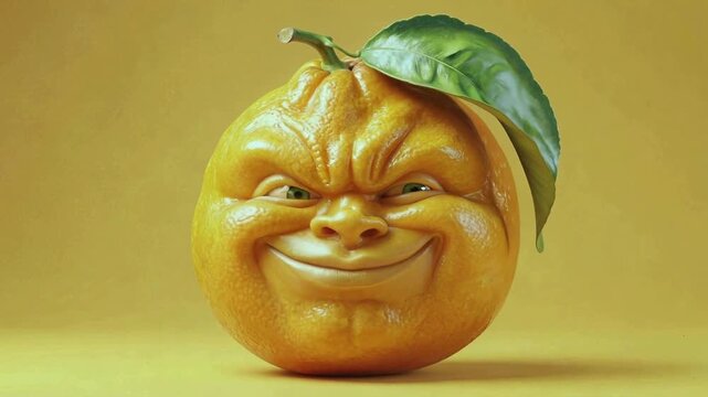 Smiling orange fruit with human facial features and green eyes. Lockdown close-up shot.