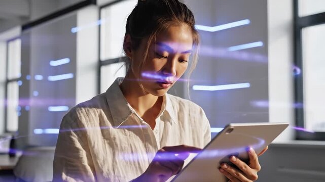 Professional businesswoman utilizing a digital tablet, immersed in the glowing data streams of artificial intelligence, intently analyzing information and formulating innovative solutions