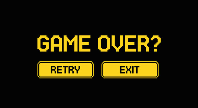 Retro pixel game over screen with retry and exit buttons