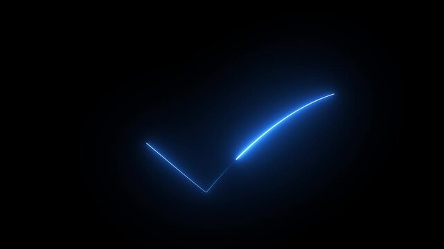 Neon blue checkmark symbol glowing on black background with light motion trail effect representing success approval confirmation and completed tasks