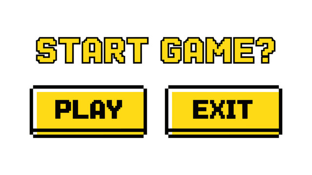Retro pixel art game menu with start and exit buttons