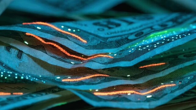 UV light reveals hidden security threads and fluorescent fibers on currency with the main elements clearly focused and background out of focus.