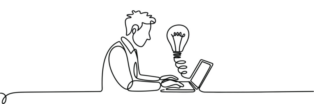 Continuous one line drawing of man working on laptop with lightbulb idea symbol, minimal linear outline, editable stroke, thin line contour, modern single line doodle vector illustration