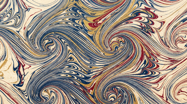 Macro texture of stone-marbled paper with combed patterns in blue gold crimson