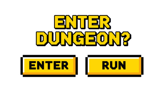 Retro pixel art video game interface with enter dungeon buttons
