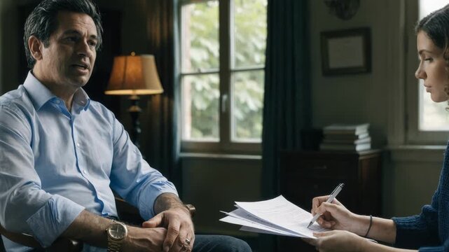 Medium shot of lender and borrower actively discussing loan restructuring terms in a quiet private office with the main focus on their hands exchanging documents.