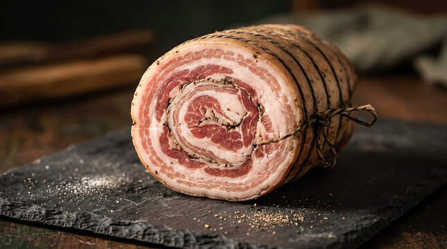Rolled and tied pancetta showing spiral cross-section of meat and fat layers