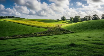 Obraz premium Serene Landscape of Rolling Green Hills with Bright Blue Sky and Fluffy Clouds