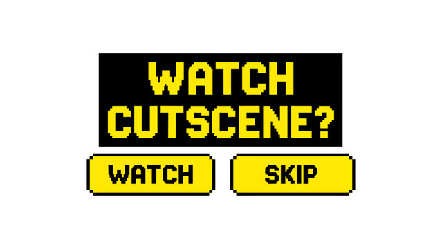Retro pixel art game interface with watch cutscene option