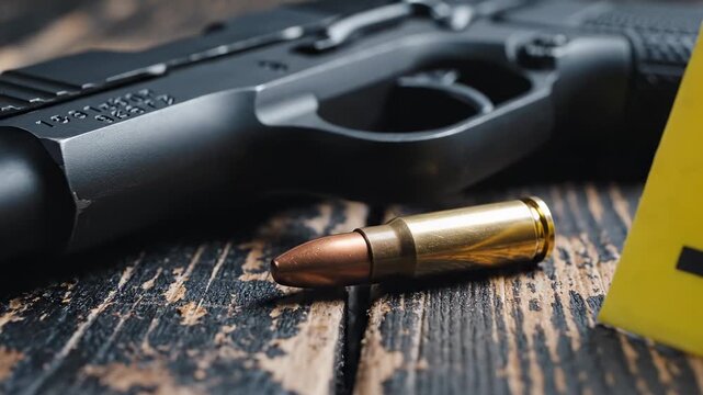 This captures a crime scene with a gun, bullet, and evidence marker on a wooden surface, highlighting the details of the investigation and forensic analysis.