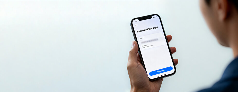 Person using a mobile password manager app on a smartphone with copy space for digital security concept