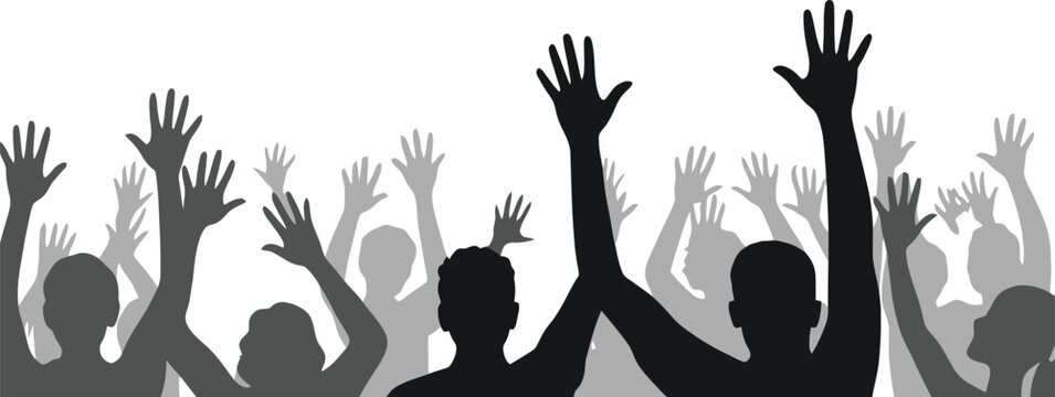 Crowd of silhouetted people raising hands in agreement, unity concept, diverse group participation, social support gesture, black silhouette figures, community voting scene, vector illustration