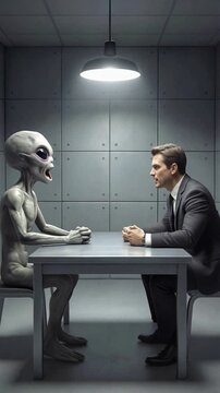 Government official interrogating grey alien in high-security facility. Lockdown shot of intense confrontation during secret meeting.