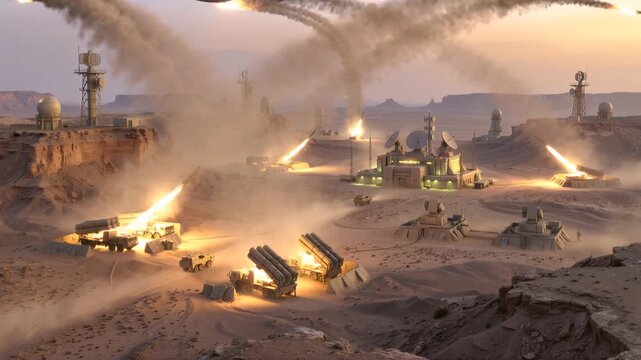 Military missile defense system launching surface-to-air rockets from desert base. Strategic weaponry operation in arid canyon environment. Lockdown wide shot.