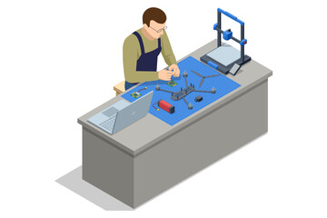 Isometric technician assembling a quadcopter at a workbench with laptop and printer. Workshop scene represents drone repair, engineering, prototyping, electronics service, maintenance