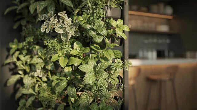 Closeup medium shot of vibrant indoor herbs thriving on a wallmounted garden with a softly blurred modern bar backdrop enhancing the cozy ambiance.