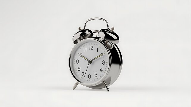 Vintage silver alarm clock on white background showing 10 o'clock morning hours daily routine time concept