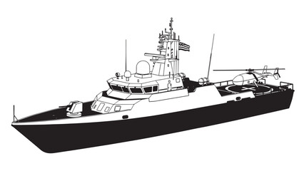 Fototapeta premium Black and White Illustration of a Modern Naval Warship with Detailed Features.