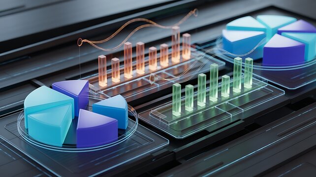 3d infographic with blue and green graphs on a dark background business analytics and data visualization concept