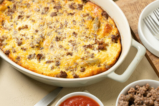 Baked breakfast casserole with green chile, sausage, and egg
