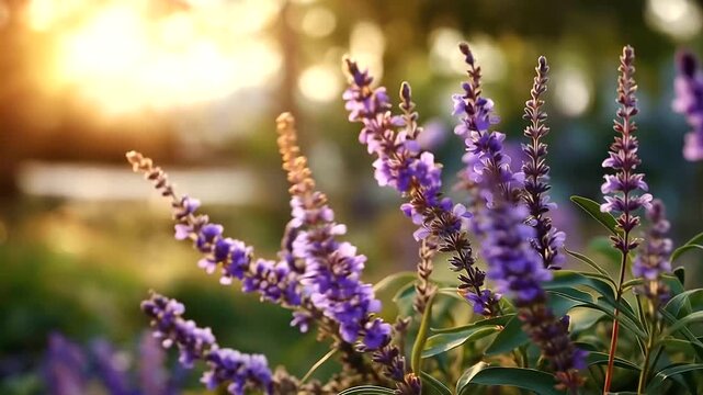 Captivating purple flowers patch illuminated by golden sunset glow, magical tranquil atmosphere, serene garden setting, botanical photography, twilight florals, with copy space