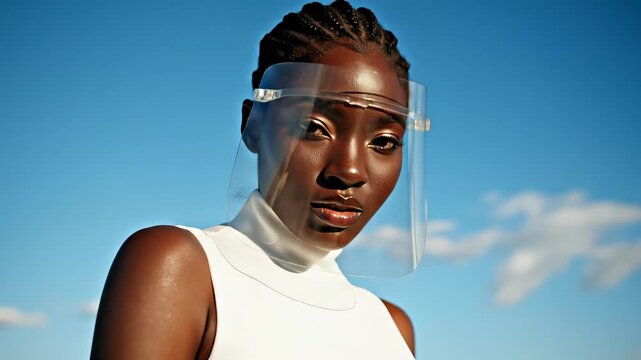 Confident model in sunny outdoor setting. Fashionable protective face shield emphasizes beauty and style. Vibrant atmosphere showcases modern trends.