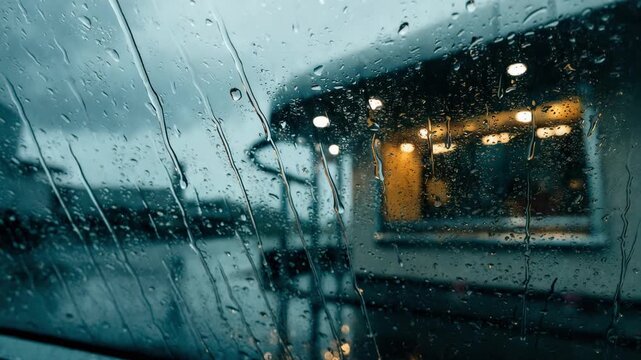 Rain droplets on the windshield of a car at a driveup banking lane teller window in sharp focus with pneumatic tube visible rest of the scene blurred for a moody effect.