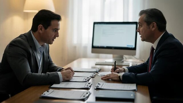 Loan officer consulting a small business owner over loan application forms in a softly lit private office computer screen slightly out of focus.