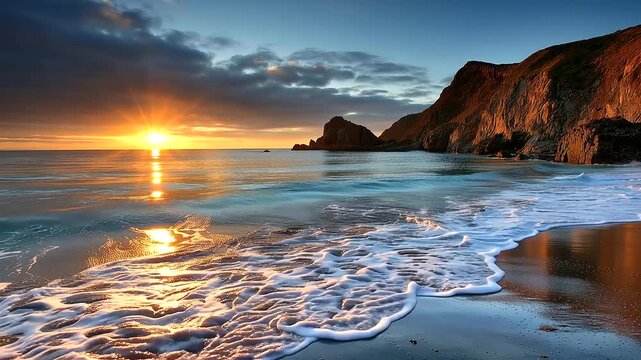 Breathtaking vibrant ocean sunset view, mesmerizing wave pattern creation, tranquility and awe feelings, beautiful coastal landscape, seascape photography, with copy space