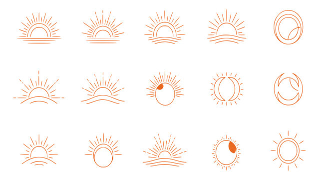 Various minimalist sun and moon icons in different phases and styles for design use
