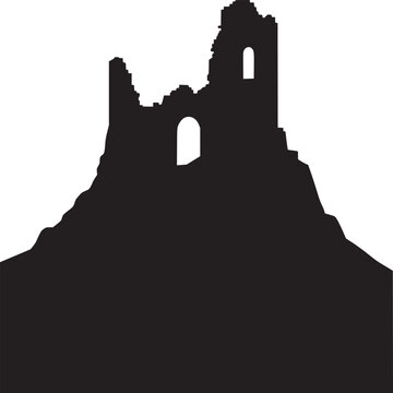 Silhouette of a ruined castle with arched windows against a white background creating a stark contrast