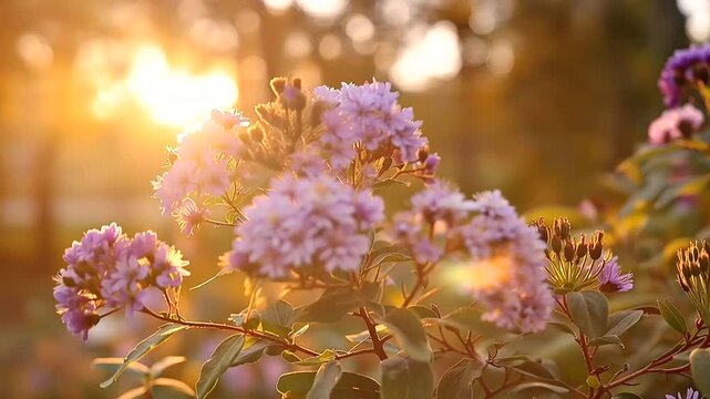 Captivating purple flowers patch illuminated by golden sunset glow, magical tranquil atmosphere, serene garden setting, botanical photography, twilight florals, with copy space
