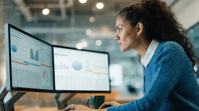 Medium shot of compliance officer analyzing detailed reports on dual monitors with blurred background emphasizing focused review for regulatory adherence in antimoney laundering.
