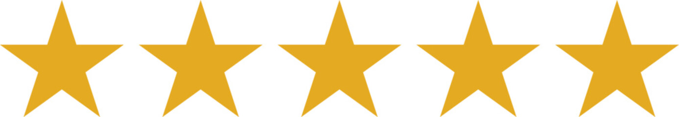 Fototapeta premium Five filled yellow stars arranged in a horizontal line on a plain background
