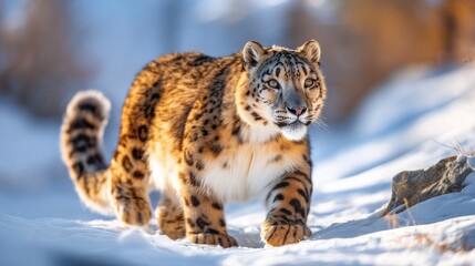 Fototapeta premium Snow Leopard Walking in Icy Mountain Landscape Under Clear Blue Sky