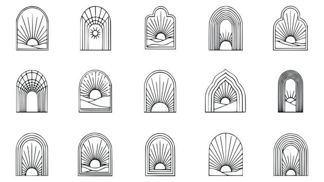 Various arched window designs with sunburst patterns and sunrise views in black line art on white background for architecture and decoration inspiration